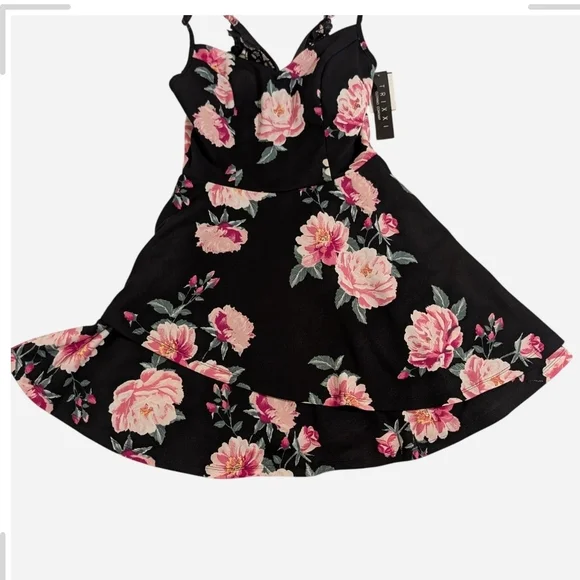 Trixxi Black Dress with Pink Floral and Lace Back - Picture 2 of 10